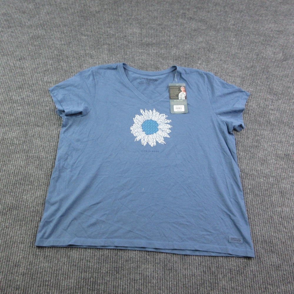 Life Is Good Shirt Womens 2XL Blue V-Neck Sunflower Embroidered Cotton NWT
